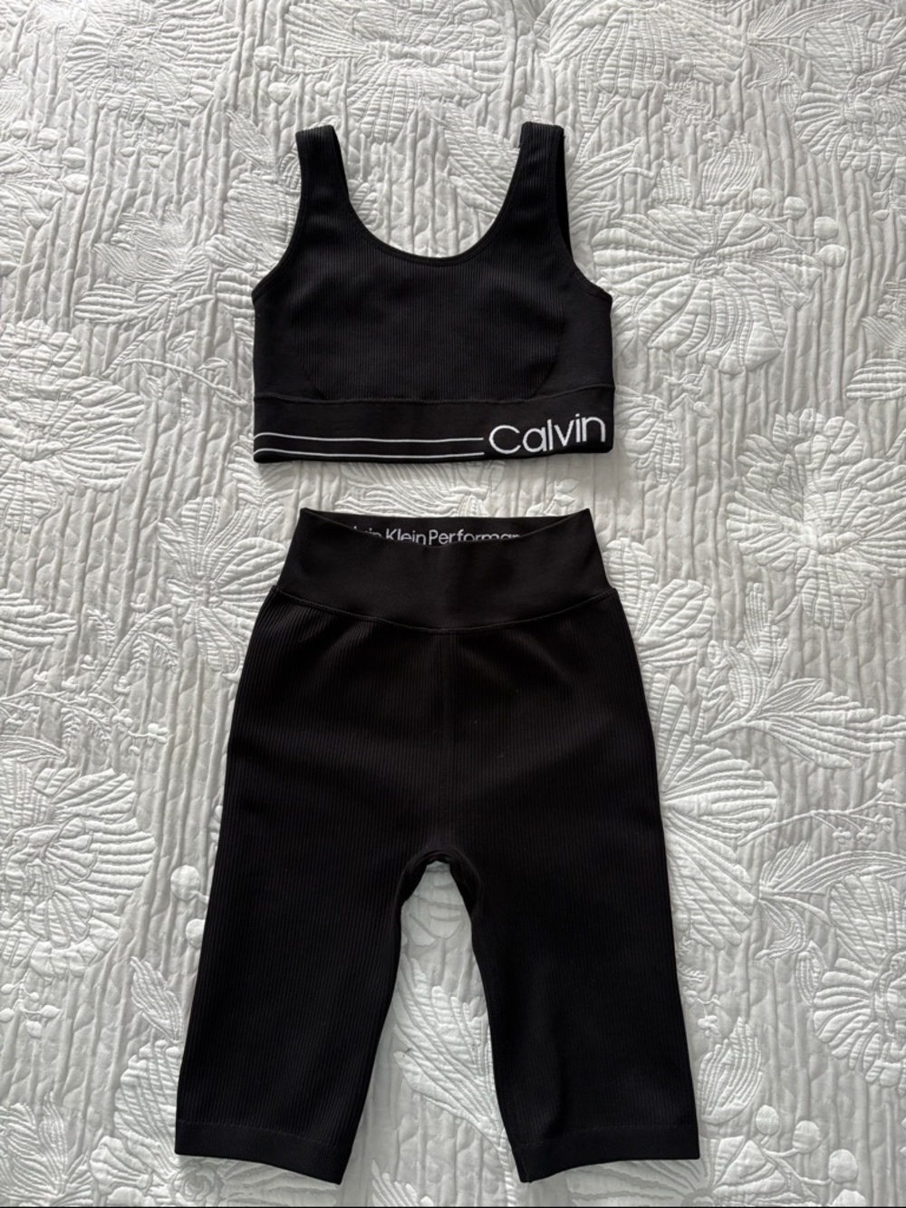 Calvin Klein Black Ribbed Crop Sports Bra & Biker Short Set